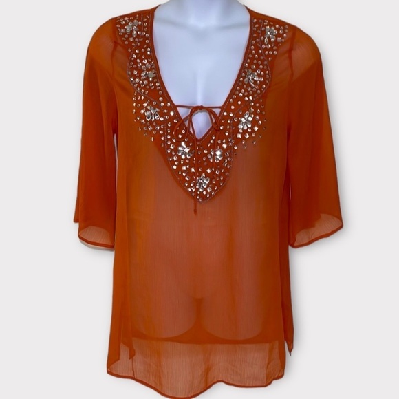 Other - Newport News Sheer Toole Mesh Cover Up or Blouse with Glam Gems Size M